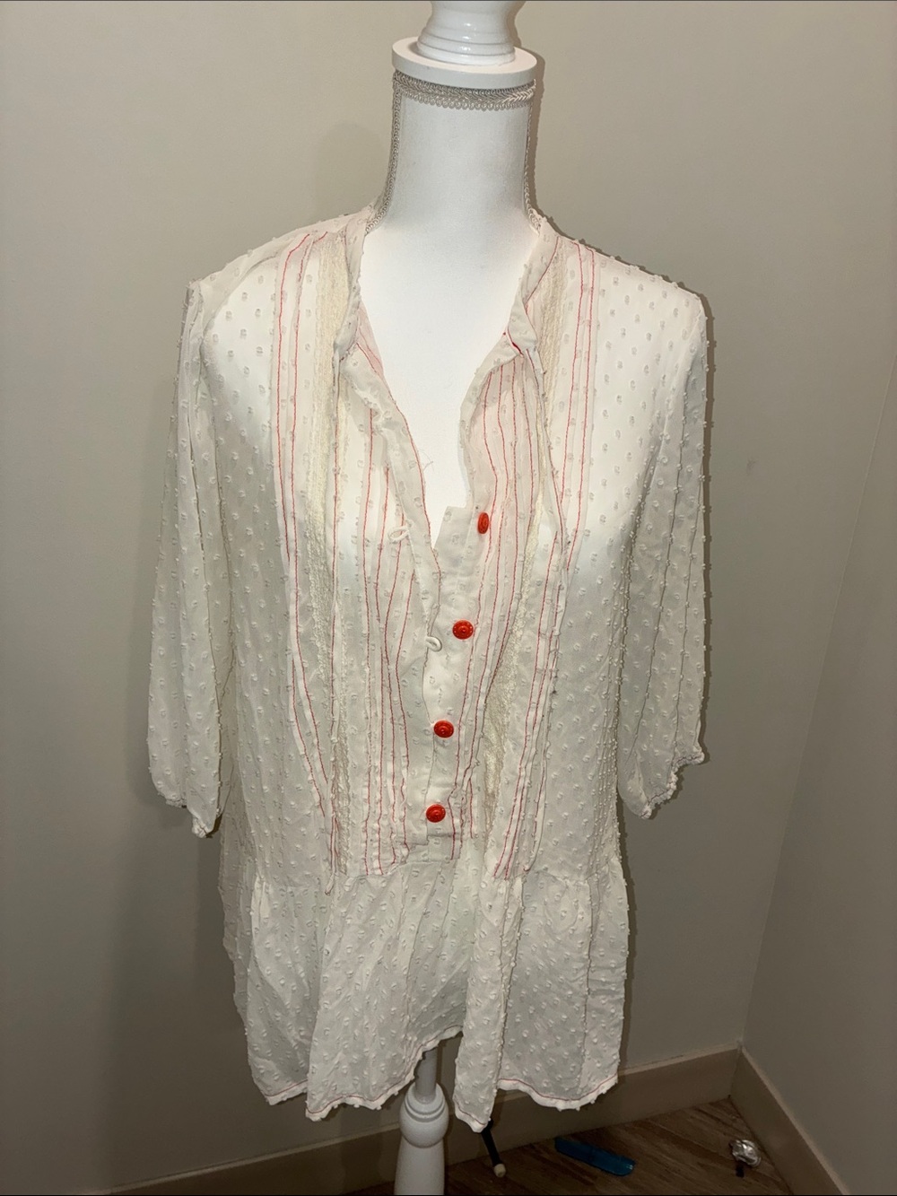 Matilda Jane Ivory Swiss Dot Top with Subtle Pink Stitching